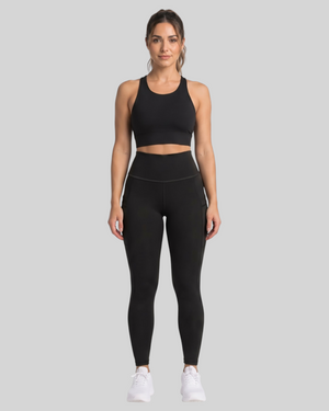 Black high-waisted pocket leggings by Proven Sportswear, featuring a snug fit and functional side pockets for active wear.
