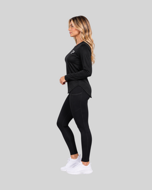 Long sleeve performance sports T-shirt by Proven Sportswear, shown in black with moisture-wicking fabric and athletic fit.