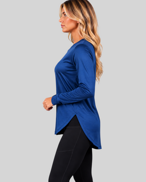 Blue long sleeve performance sports T-shirt by Proven Sportswear, featuring breathable fabric and athletic fit for active wear.
