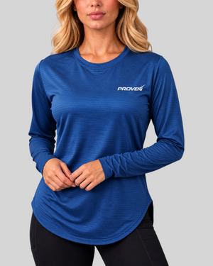 Blue long sleeve performance sports T-shirt by Proven Sportswear, shown on a model, designed for athletic comfort and flexibility.