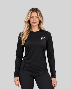 proven sport wear black long sleeve performance t-shirt with signature logo worn by a model in an athletic fit