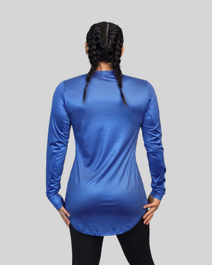 Blue long sleeve performance sports T-shirt by Proven Sportswear, featuring breathable fabric and athletic fit.