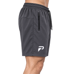 Grey motion training sports shorts by Proven Sportswear, shown lying flat with waistband and breathable fabric details visible.