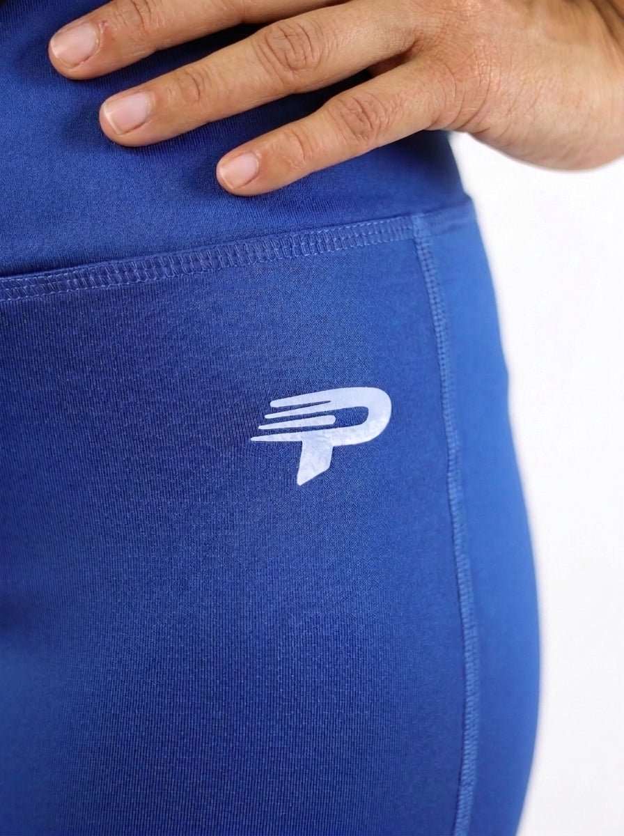 Navy blue flare leggings from Proven Sportswear with a fitted waistband and flared leg design, ideal for activewear or casual wear.
