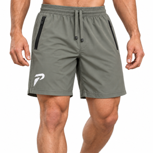 Dark olive Proven Sportswear motion training shorts with a relaxed fit, designed for athletic performance and active wear.