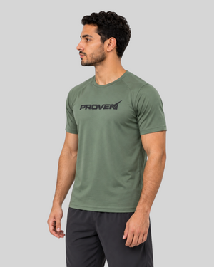 Olive green Proven Sportswear Essential Performance T-shirt for men, made from breathable athletic fabric, displayed flat.
