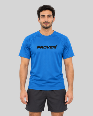 Blue Proven Sportswear Performance Tee sports T-shirt featuring a fitted design and breathable fabric, ideal for athletic activities.
