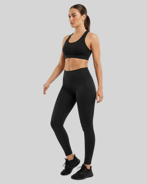 Maroon high-waisted pocket leggings by Proven Sportswear featuring a size guide with a focus on comfortable, stylish activewear.