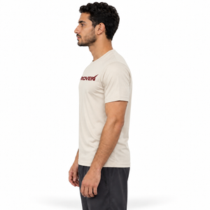 Desert sand Proven Sportswear Essential Performance Tee sports T-shirt laid flat, showcasing breathable fabric and athletic fit.