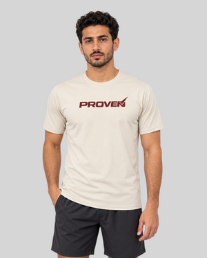 Desert sand Proven Sportswear Essential Performance T-shirt for sports, lightweight and breathable fabric, displayed flat.