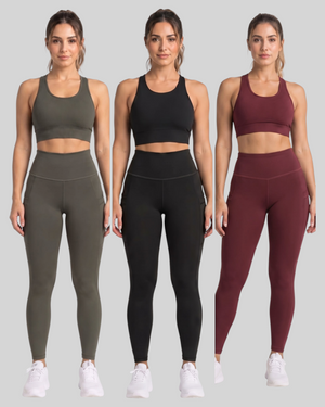 Women modeling Proven Sportswear high-waisted maroon pocket leggings, showcasing their fit and athletic style.