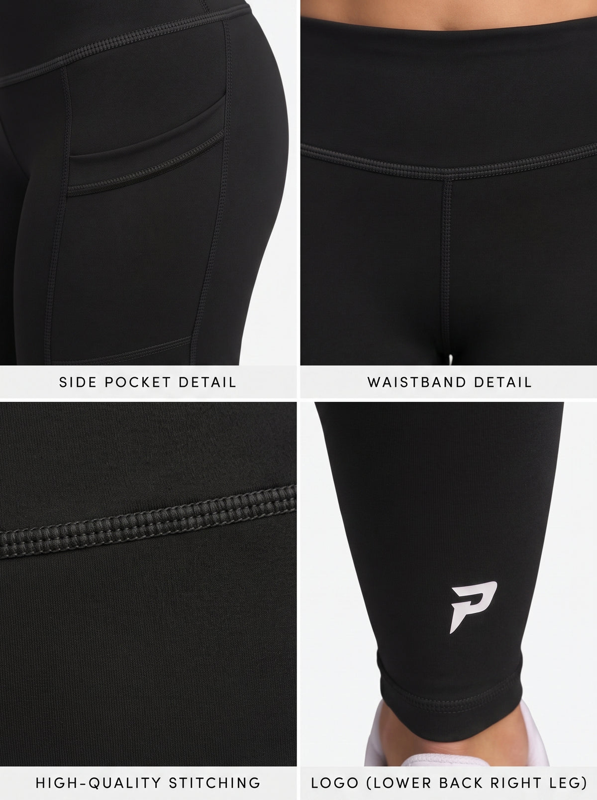 Black high-waisted pocket leggings by Proven Sportswear, showing the fitted design and functional side pockets.