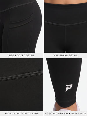Black high-waisted pocket leggings by Proven Sportswear, showing the fitted design and functional side pockets.