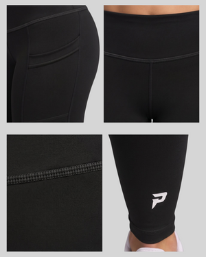 Black high-waisted pocket leggings by Proven Sportswear, showing the fitted design and functional side pockets.