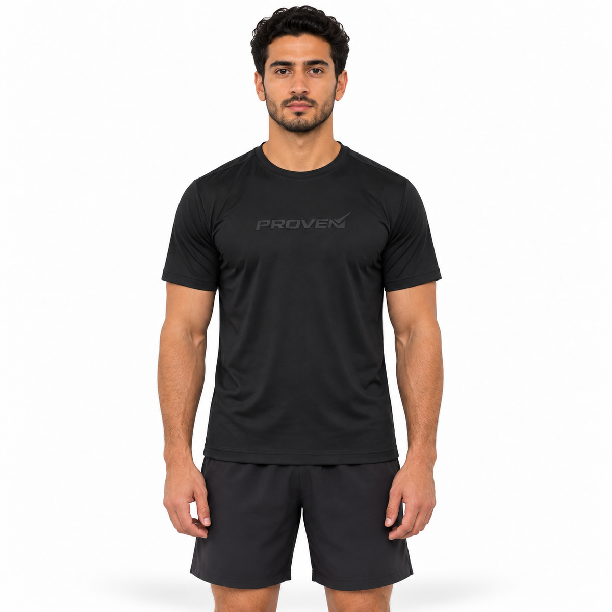 Black Proven Sportswear Performance Tee sports T-shirt, close-up of fabric and fit on a mannequin.