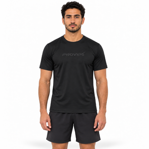 Black Proven Sportswear Performance Tee sports T-shirt, close-up of fabric and fit on a mannequin.