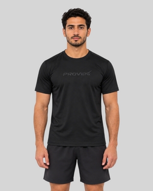 Black Proven Sportswear Performance Tee sports T-shirt, close-up of fabric and fit on a mannequin.