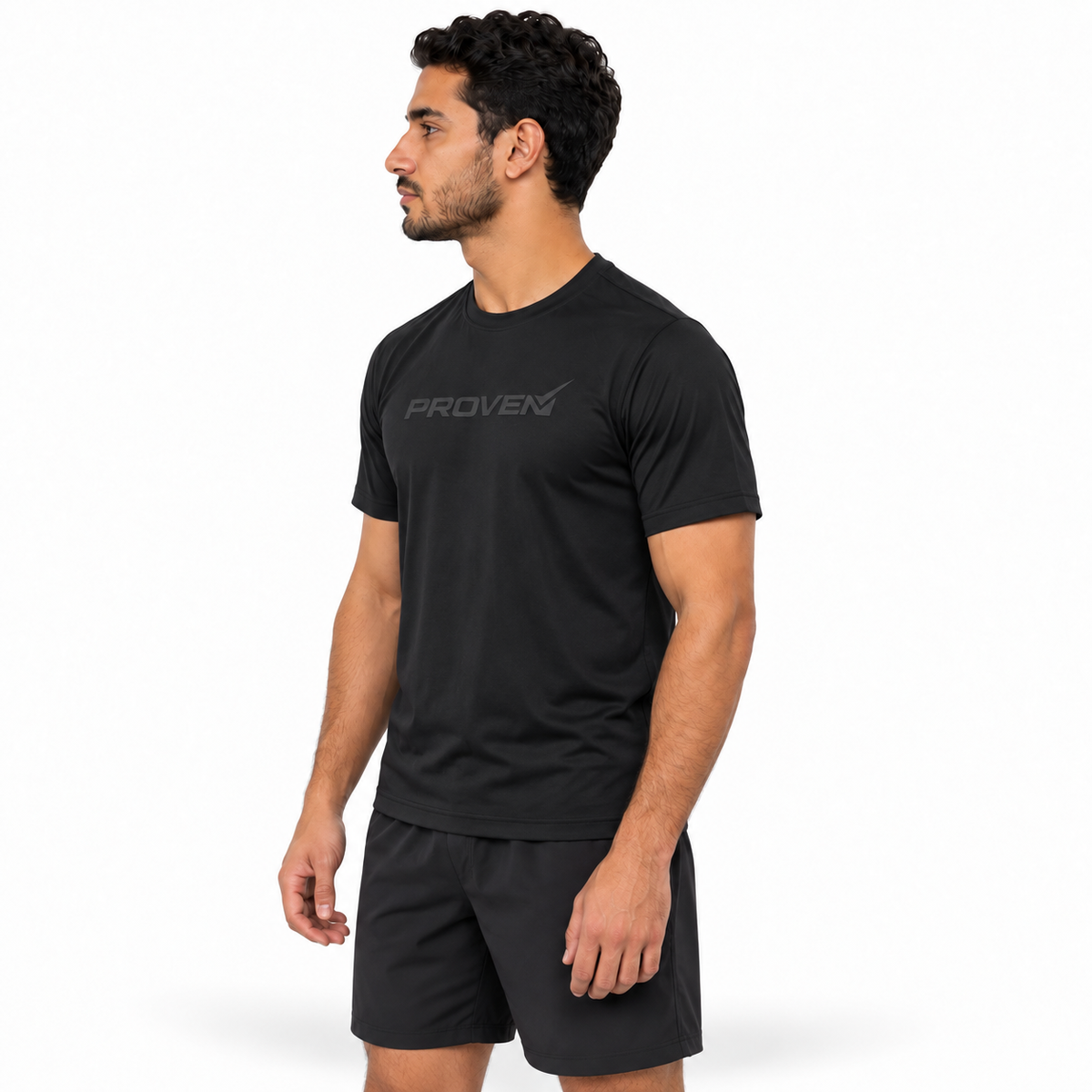 Black Proven Sportswear Performance Tee sports T-shirt displayed flat, showcasing lightweight fabric and sleek design for active wear.