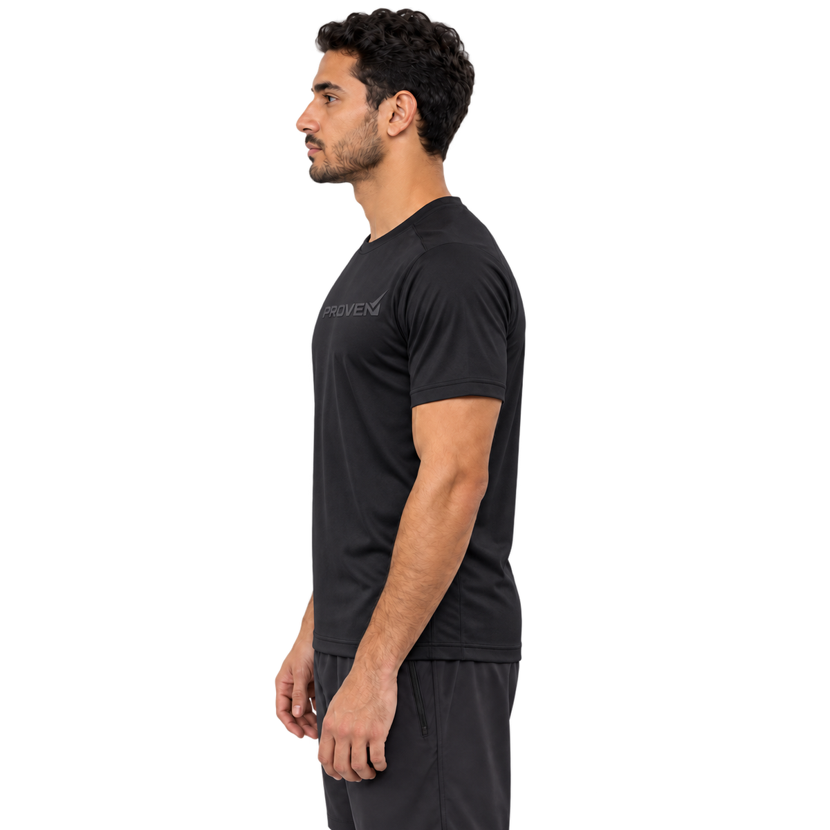 Black Proven Sportswear Performance Tee, a fitted sports T-shirt with breathable fabric and athletic design, shown on a model.