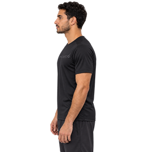 Black Proven Sportswear Performance Tee, a fitted sports T-shirt with breathable fabric and athletic design, shown on a model.
