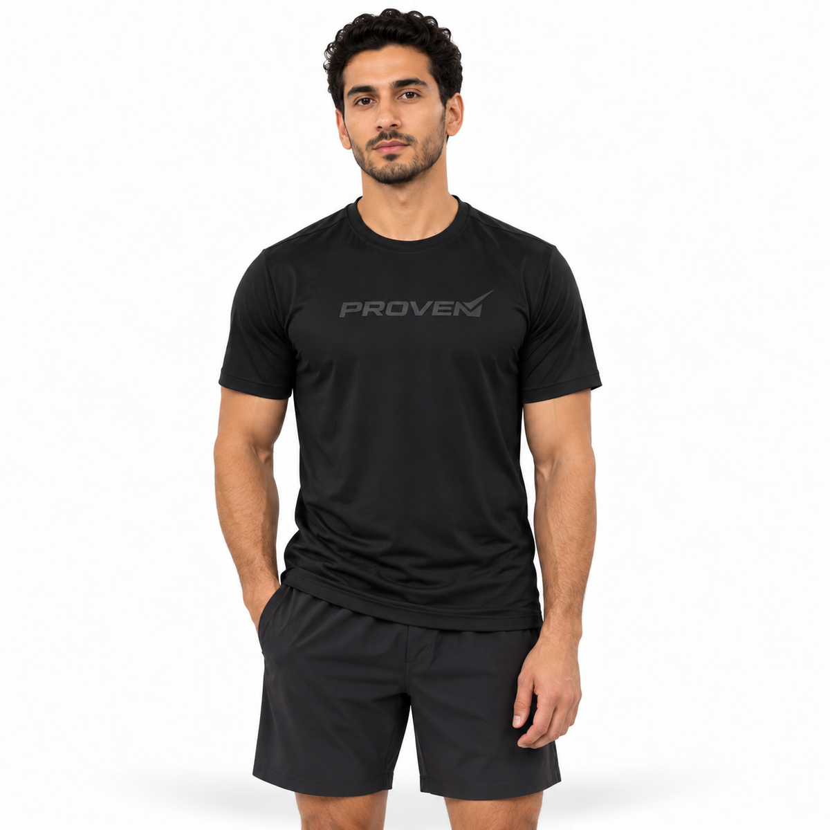 Black Proven Sportswear performance sports T-shirt displayed on a hanger, highlighting its sleek athletic design.