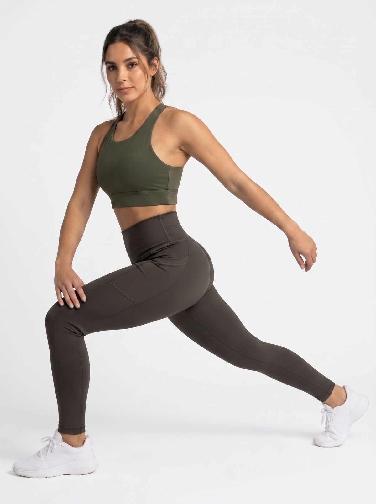 Olive brown high-waisted pocket leggings by Proven Sportswear, showcasing the fitted design with functional side pockets.