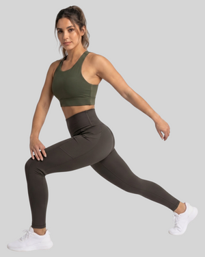 Olive brown high-waisted pocket leggings by Proven Sportswear, showcasing the fitted design with functional side pockets.