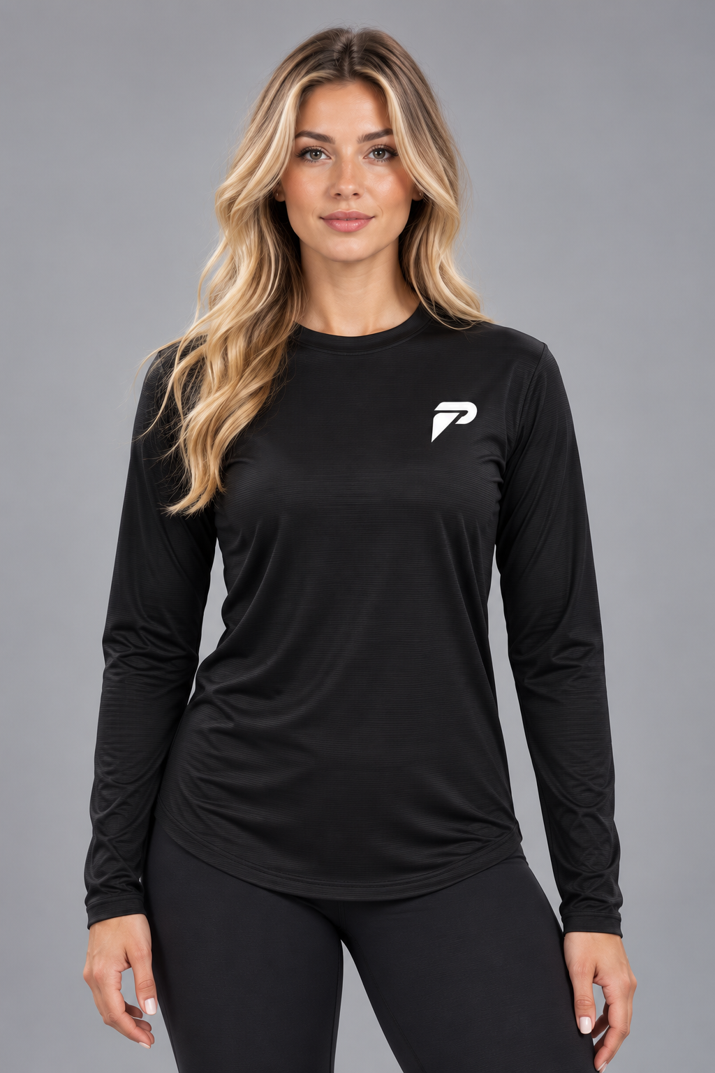 Proven Sportswear long sleeve performance sports T-shirt, lightweight fabric, moisture-wicking, black color, close-up of fabric texture.