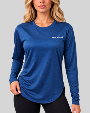 Blue long sleeve performance T-shirt by Proven Sportswear, designed for sports and active wear, with breathable fabric and athletic fit.