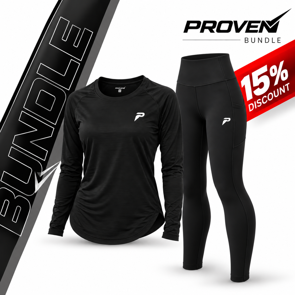 Women's fitness clothing bundle from Proven Sportswear, including workout leggings and sports bras, displayed on a model.
