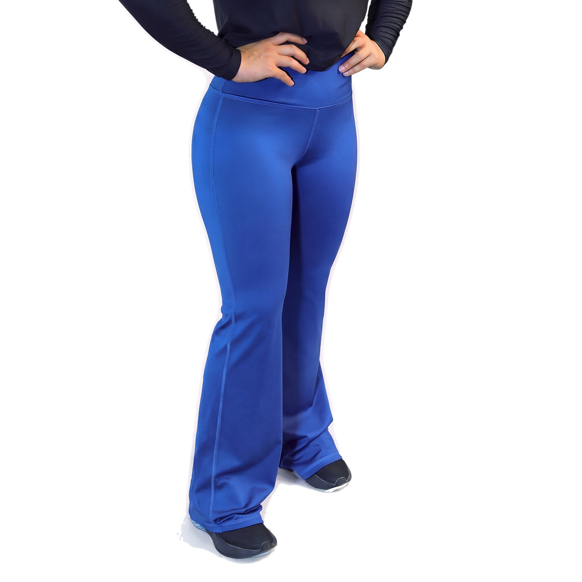 Navy blue flare leggings from Proven Sportswear with a high waist and comfortable fit, shown on a model.