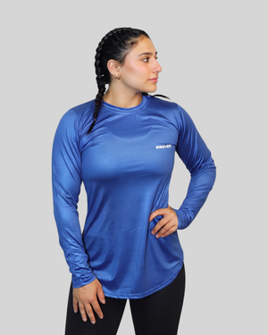Blue long sleeve performance sports T-shirt by Proven Sportswear, featuring breathable fabric and athletic fit.