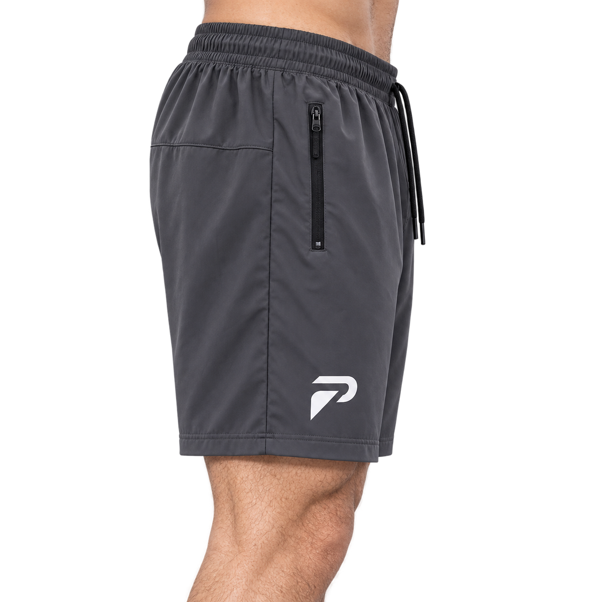 Grey motion training sports shorts by Proven Sportswear, shown lying flat with waistband and breathable fabric details visible.