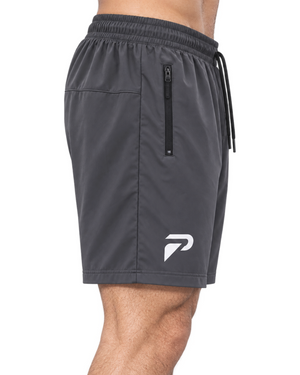 Grey motion training sports shorts by Proven Sportswear, shown lying flat with waistband and breathable fabric details visible.