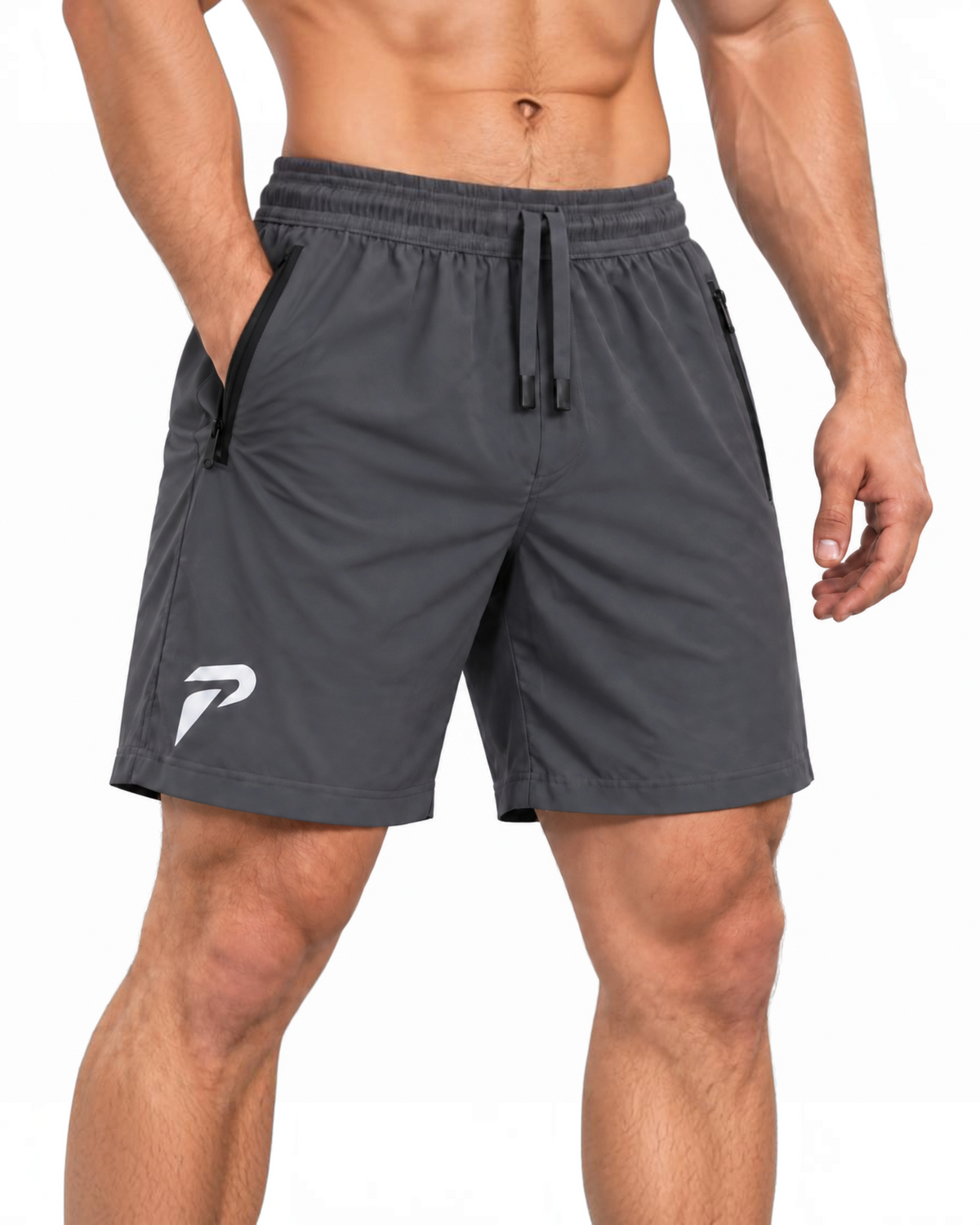 Grey motion training shorts by Proven Sportswear, showing a comfortable fit and athletic design suitable for sports and workouts.