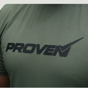 Olive green Proven Sportswear Essential Performance Tee sports T-shirt displayed on a hanger.