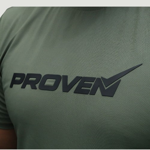 Olive green Proven Sportswear Essential Performance Tee sports T-shirt displayed on a hanger.