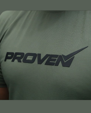 Olive green Proven Sportswear Essential Performance Tee sports T-shirt displayed on a hanger.