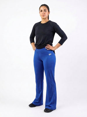 Navy blue flare leggings by Proven Sportswear displayed on a model, showcasing the stylish and comfortable fit.
