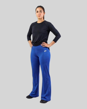 Navy blue flare leggings by Proven Sportswear displayed on a model, showcasing the stylish and comfortable fit.