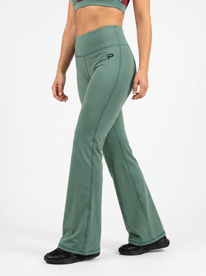 Olive green flare leggings by Proven Sportswear, made of stretchy fabric with a high waistband and stylish flare design.