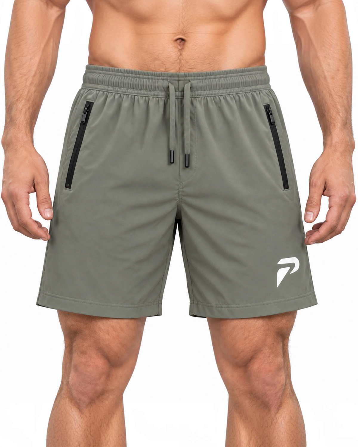 proven sport wear Motion Training Shorts in olive green with zippered side pockets and white logo on the leg