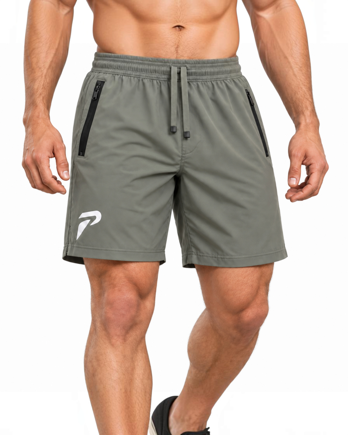 Dark olive Proven Sportswear motion training shorts with a relaxed fit, designed for athletic performance and active wear.