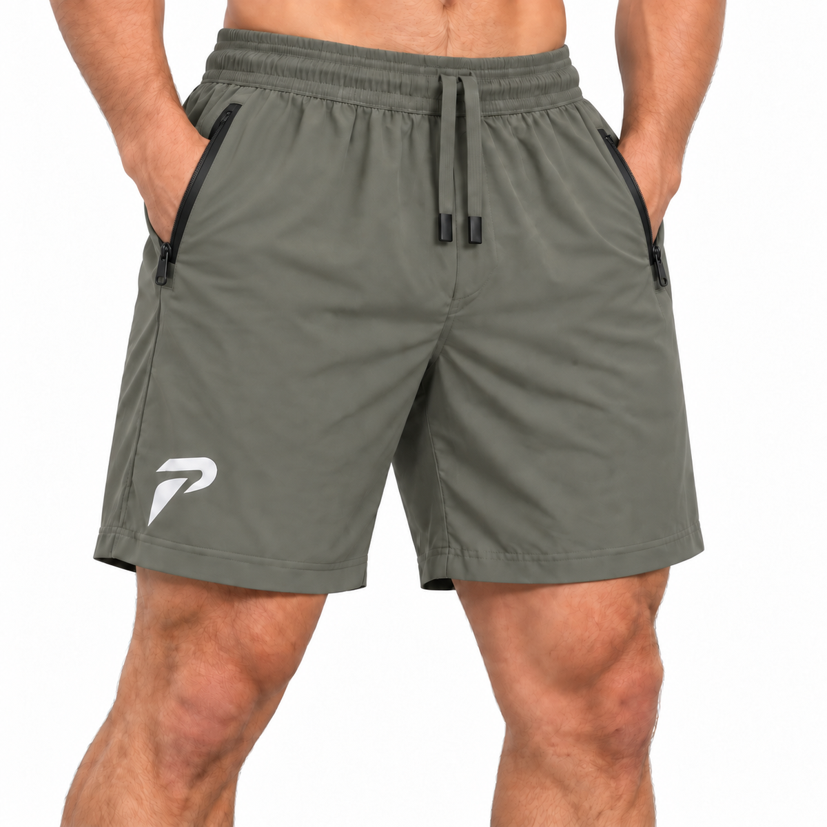 Dark olive Proven Sportswear motion training shorts with an elastic waistband and breathable fabric for active workouts.