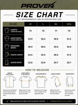 PROVEN Olive T-Shirt Size Guide