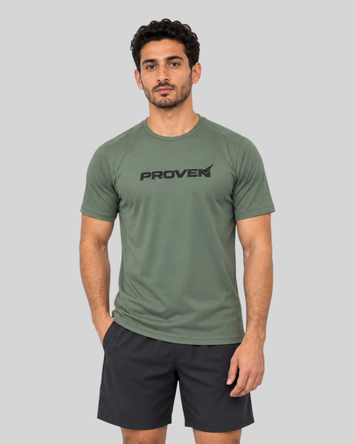 Olive green Proven Sportswear Essential Performance T-shirt for men, lightweight breathable sports tee with short sleeves.