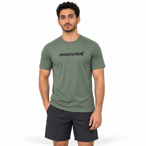 Olive green Proven Sportswear Essential Performance T-shirt for men, lightweight breathable sports tee with short sleeves.