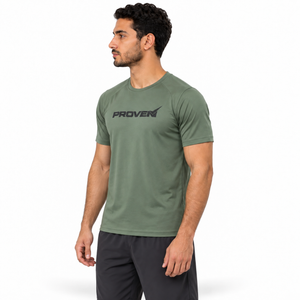 Olive green Proven Sportswear Essential Performance T-shirt for men, made from breathable athletic fabric, displayed flat.