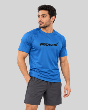 Blue Proven Sportswear Performance Tee sports T-shirt with breathable fabric and athletic fit, ideal for active wear.