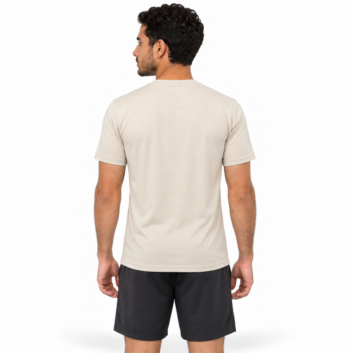 Desert Sand Proven Sportswear Essential Performance T-shirt displayed on a hanger, showcasing a lightweight, breathable sports tee.